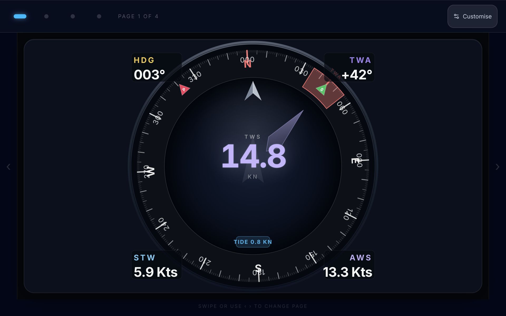 Actual Tackr Data screen with simulated sailing data