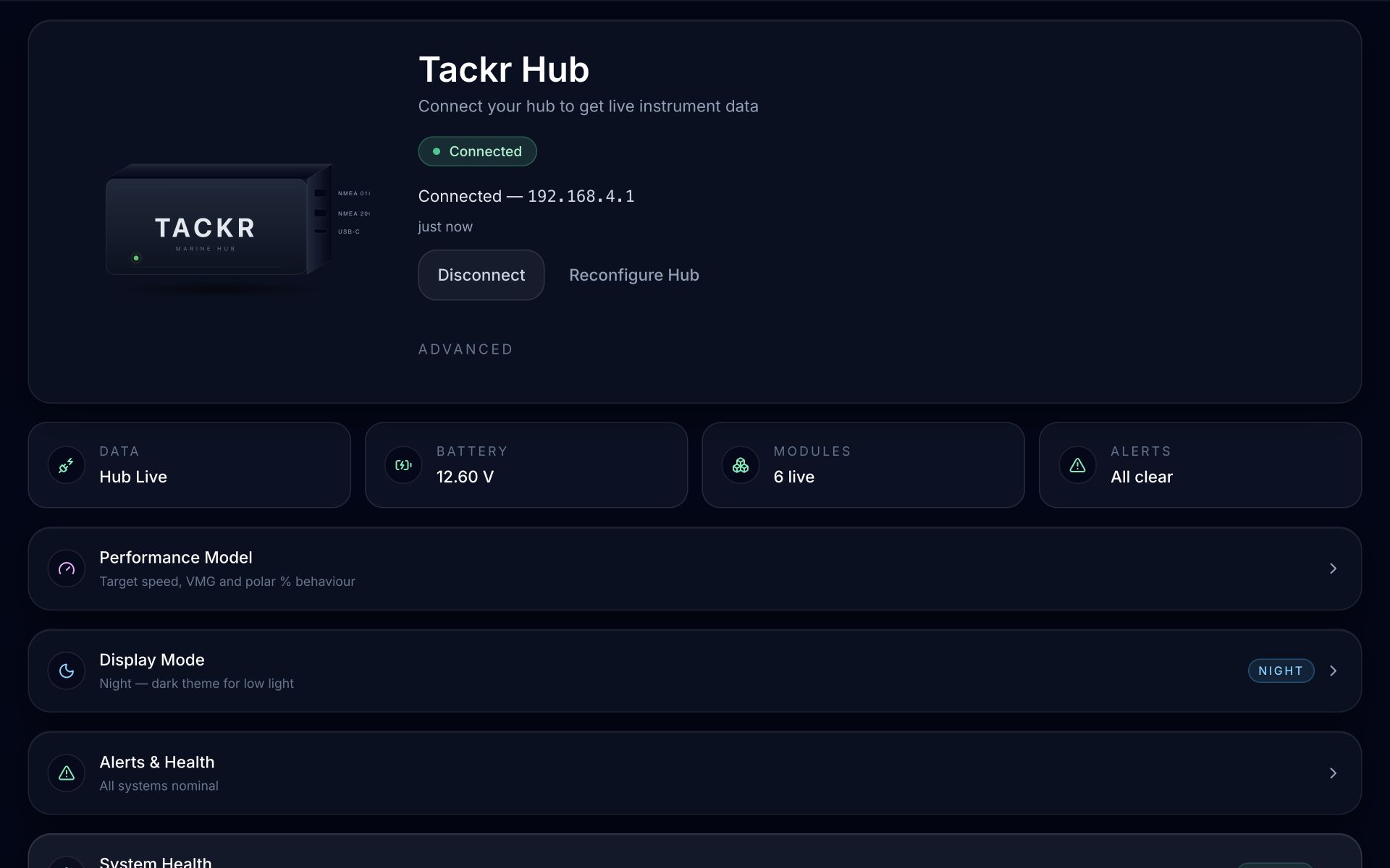 Actual Tackr Systems screen with simulated sailing data