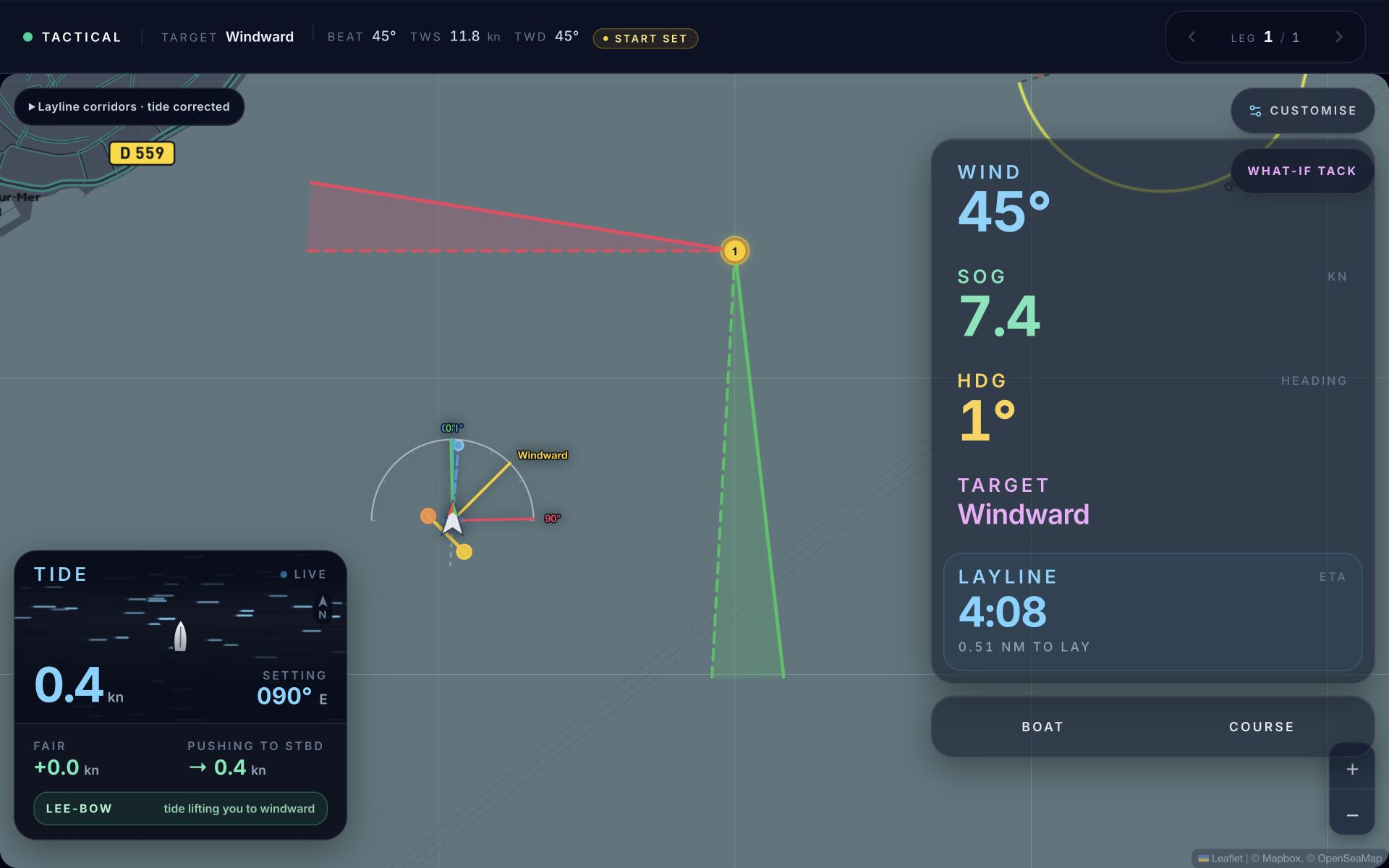 Actual Tackr Tactical screen with simulated sailing data